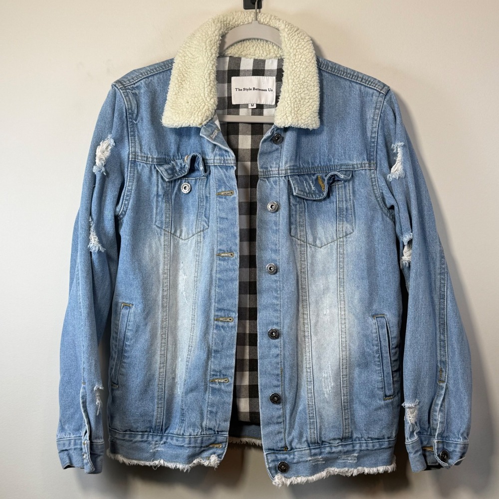 The Style Between Us Denim Jacket Women M Light Blue Good Sherpa‎ Plaid Lined